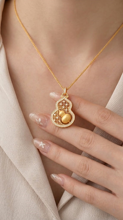 Lucky Wu Lou Gourd Necklace | Modern Chinoiserie Gold Tone Pendant for Everyday Fortune