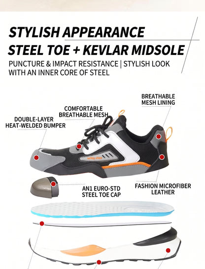 Men's Color-block Lace Up Front Mesh Breathable Safety Shoes, Lightweight Comfortable Anti-slip Work Protective Shoes, Steel Toe Shoes