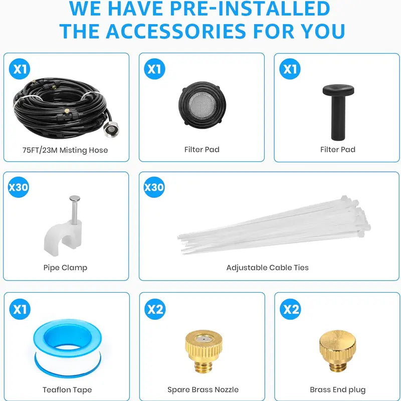 75FT (23M) Pre-Assembled Misting Cooling System - Professional Brass Nozzles for Patio, Trampoline, Garden & Greenhouse