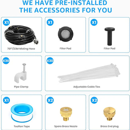 75FT (23M) Pre-Assembled Misting Cooling System - Professional Brass Nozzles for Patio, Trampoline, Garden & Greenhouse