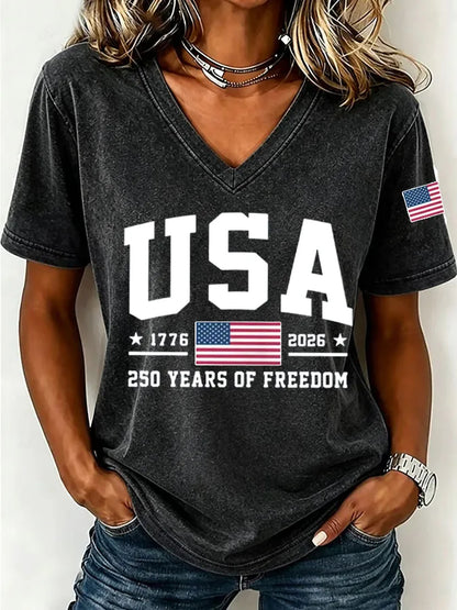 Women'S America Flag Floral Print Casual V-Neck T-Shirt