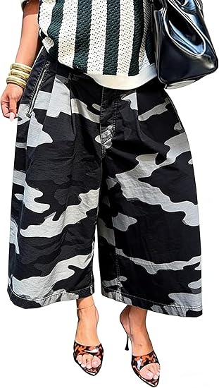 Women Baggy Cargo Jeans Camo Army Fatigue Wide Leg Harem Cropped Denim Pants Plus Size Camouflage Jean Trousers