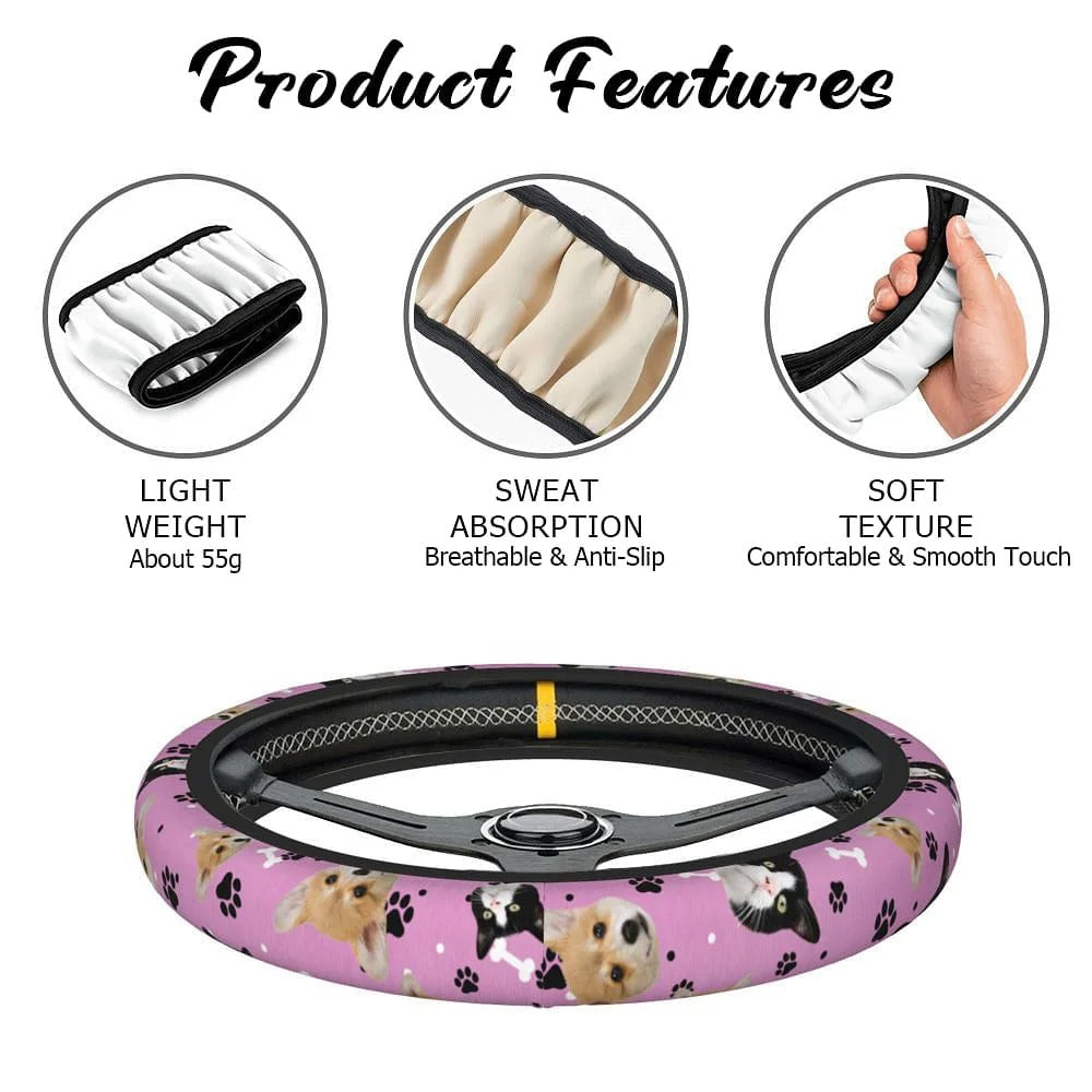 Personalized Multicolor 1-3 Pet Portrait Anti-Slip Car Steering Wheel Cover with Paw Bone Design Car Accessories Birthday Gift for Car Owner