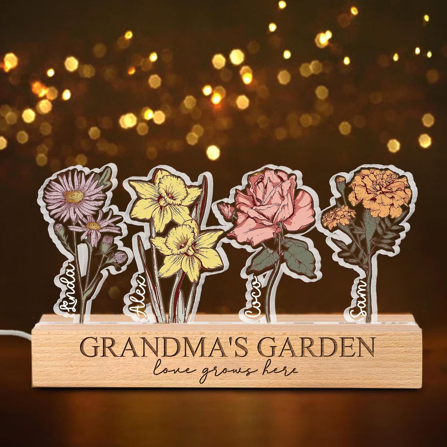 Personalized Grandma's Garden LED Light: Custom Flower Gift