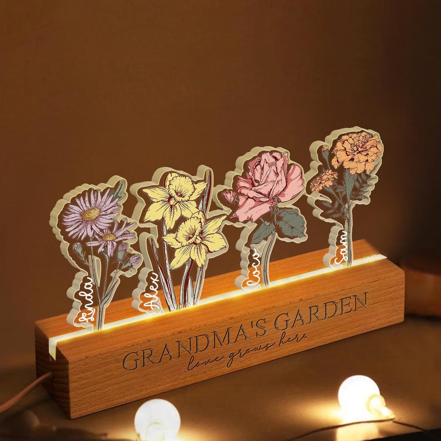 Personalized Grandma's Garden LED Light: Custom Flower Gift