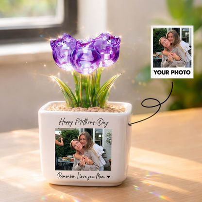 Personalized Photo Glass Tulip Potted Plant - Custom Flower Pot with Picture, Photo Gift for Mom, Mother’s Day Gift, Birthday Gift for Mom - Personalized Photo Glass Tulip
