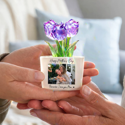 Personalized Photo Glass Tulip Potted Plant - Custom Flower Pot with Picture, Photo Gift for Mom, Mother’s Day Gift, Birthday Gift for Mom - Personalized Photo Glass Tulip