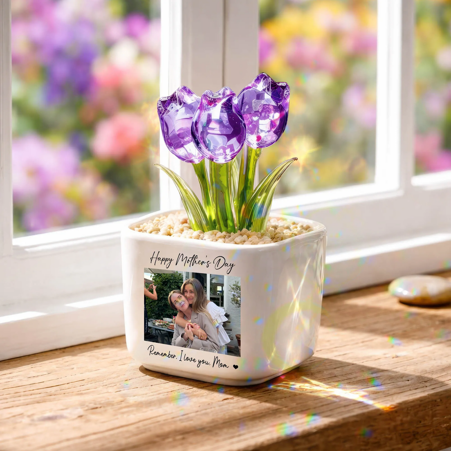 Personalized Photo Glass Tulip Potted Plant - Custom Flower Pot with Picture, Photo Gift for Mom, Mother’s Day Gift, Birthday Gift for Mom - Personalized Photo Glass Tulip
