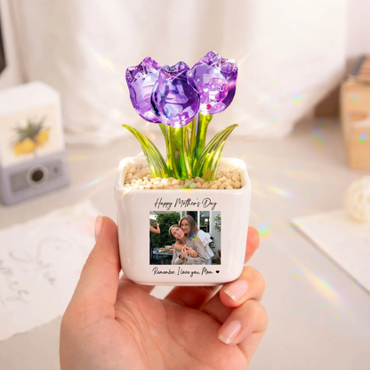 Personalized Photo Glass Tulip Potted Plant - Custom Flower Pot with Picture, Photo Gift for Mom, Mother’s Day Gift, Birthday Gift for Mom - Personalized Photo Glass Tulip