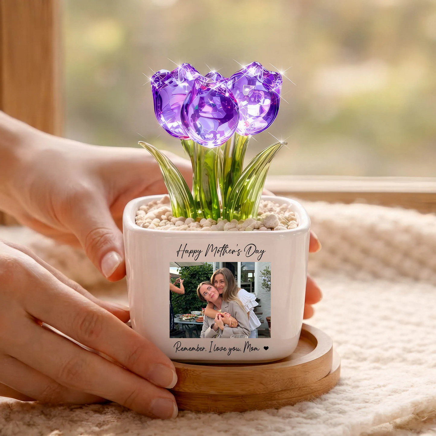 Personalized Photo Glass Tulip Potted Plant - Custom Flower Pot with Picture, Photo Gift for Mom, Mother’s Day Gift, Birthday Gift for Mom - Personalized Photo Glass Tulip