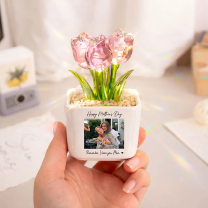 Personalized Photo Glass Tulip Potted Plant - Custom Flower Pot with Picture, Photo Gift for Mom, Mother’s Day Gift, Birthday Gift for Mom - Personalized Photo Glass Tulip