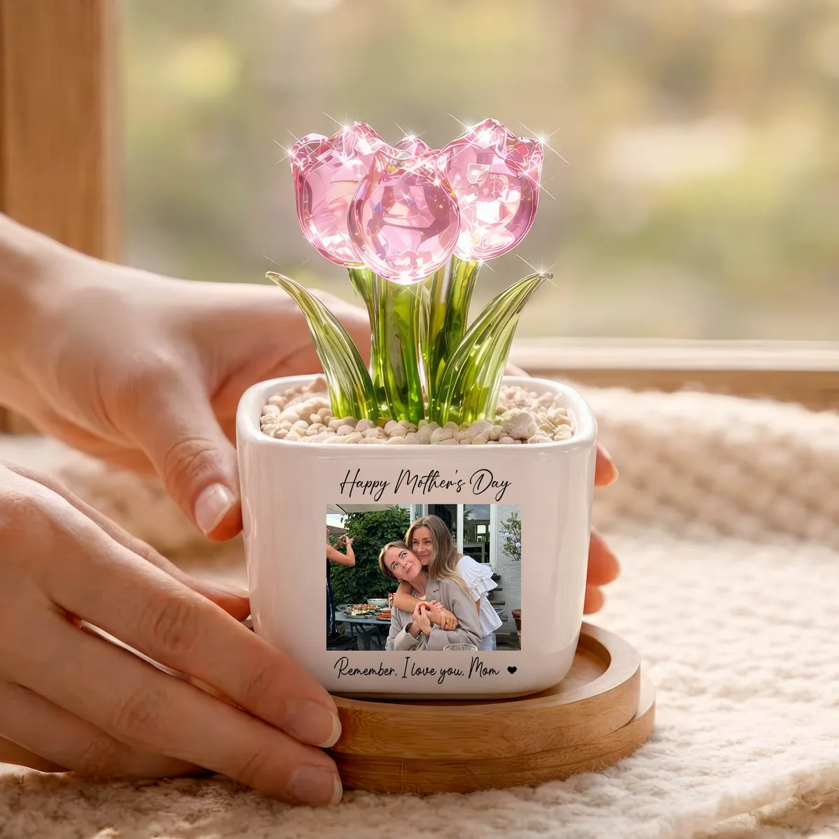 Personalized Photo Glass Tulip Potted Plant - Custom Flower Pot with Picture, Photo Gift for Mom, Mother’s Day Gift, Birthday Gift for Mom - Personalized Photo Glass Tulip