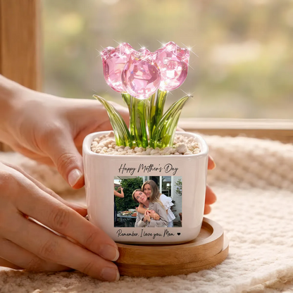 Personalized Photo Glass Tulip Potted Plant - Custom Flower Pot with Picture, Photo Gift for Mom, Mother’s Day Gift, Birthday Gift for Mom - Personalized Photo Glass Tulip