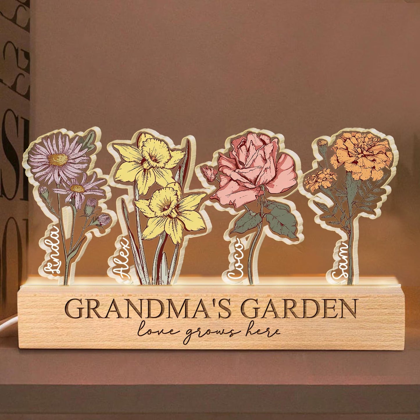 Personalized Grandma's Garden LED Light: Custom Flower Gift