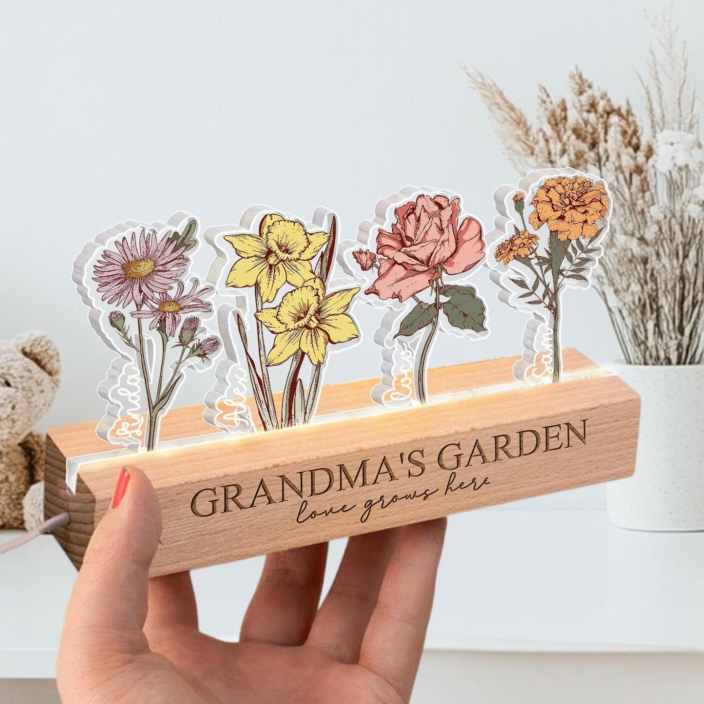 Personalized Grandma's Garden LED Light: Custom Flower Gift