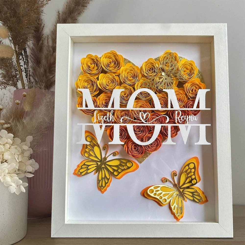 Personalized Mom with Kids Names Heart Flower Shadow Box with Butterfly