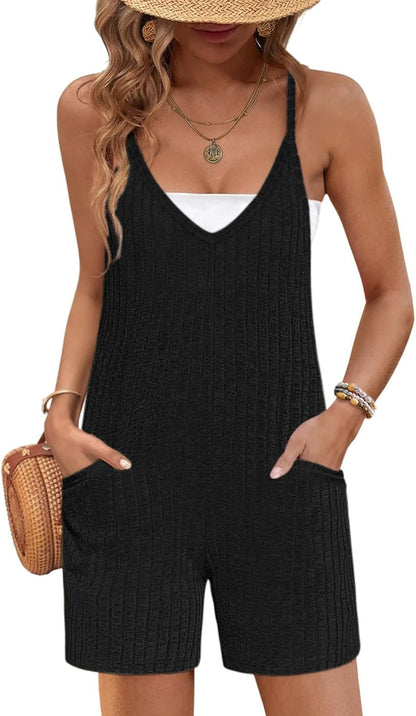 Rompers for Women Summer Casual Sleeveless Spaghetti Strap Jumpsuit Ribbed Shorts Overalls with Pockets