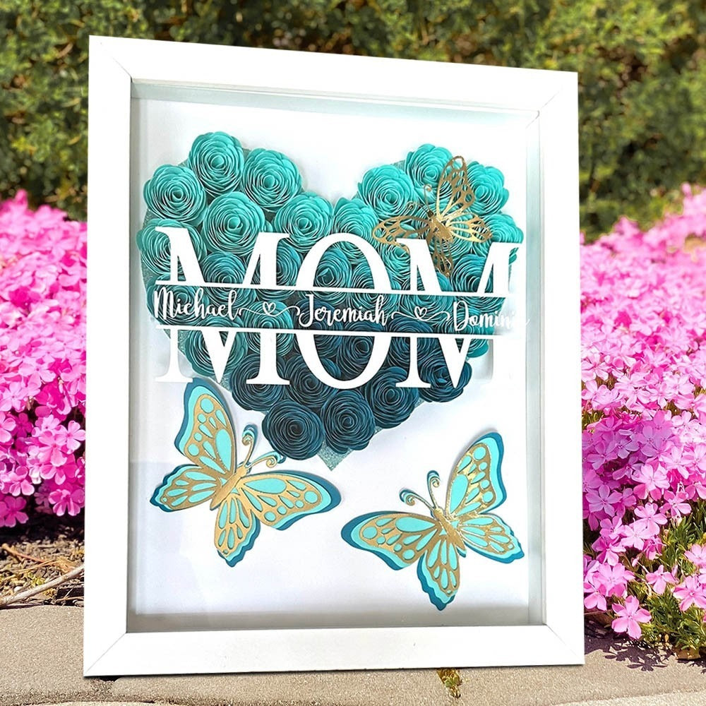 Personalized Mom with Kids Names Heart Flower Shadow Box with Butterfly