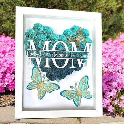 Personalized Mom with Kids Names Heart Flower Shadow Box with Butterfly