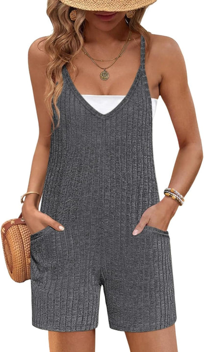 Rompers for Women Summer Casual Sleeveless Spaghetti Strap Jumpsuit Ribbed Shorts Overalls with Pockets