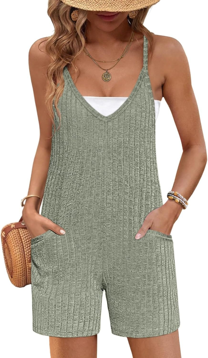 Rompers for Women Summer Casual Sleeveless Spaghetti Strap Jumpsuit Ribbed Shorts Overalls with Pockets
