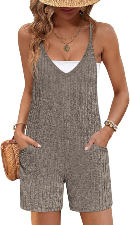 Rompers for Women Summer Casual Sleeveless Spaghetti Strap Jumpsuit Ribbed Shorts Overalls with Pockets