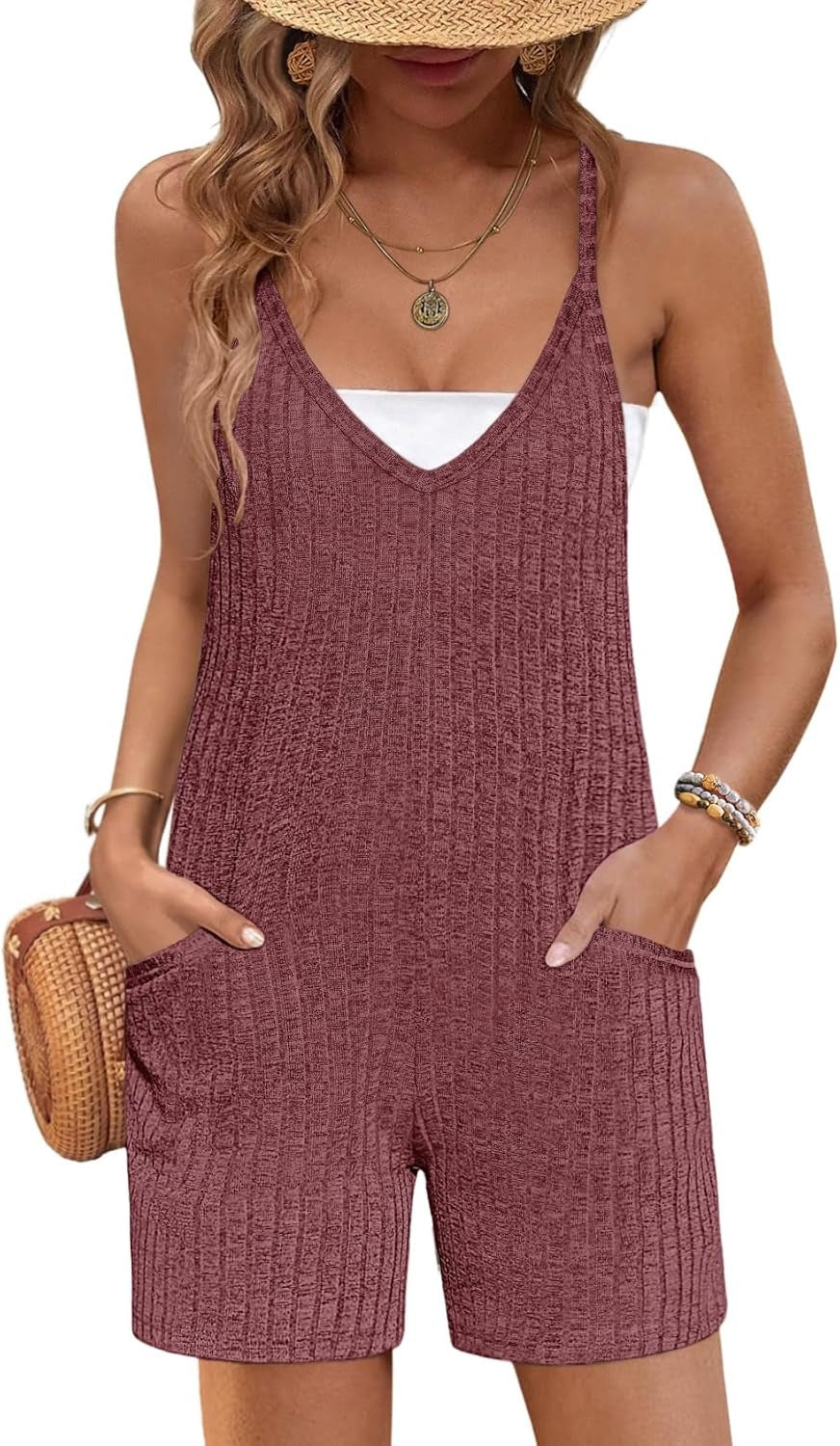 Rompers for Women Summer Casual Sleeveless Spaghetti Strap Jumpsuit Ribbed Shorts Overalls with Pockets