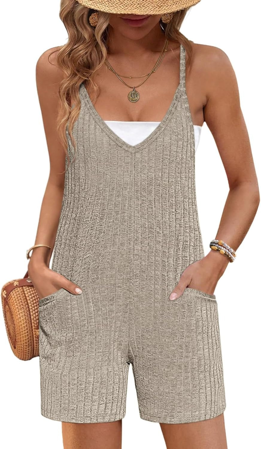 Rompers for Women Summer Casual Sleeveless Spaghetti Strap Jumpsuit Ribbed Shorts Overalls with Pockets