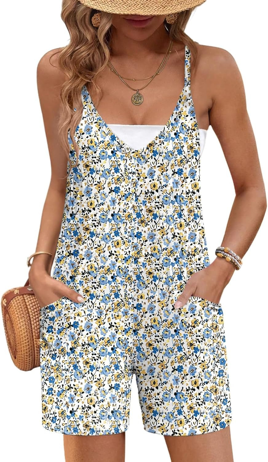 Rompers for Women Summer Casual Sleeveless Spaghetti Strap Jumpsuit Ribbed Shorts Overalls with Pockets