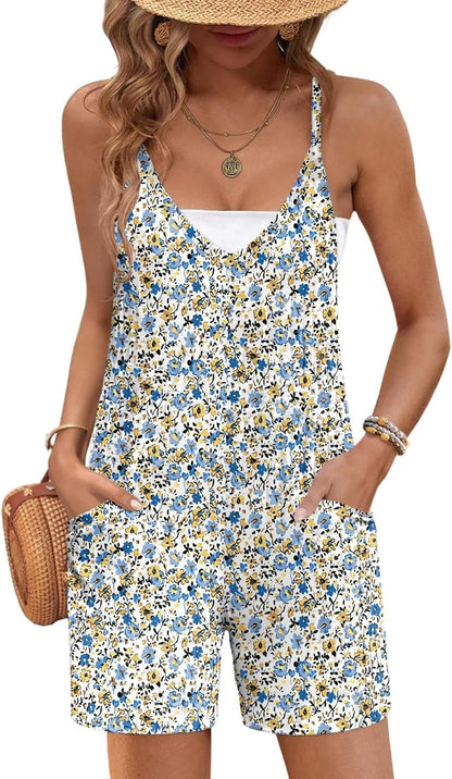 Rompers for Women Summer Casual Sleeveless Spaghetti Strap Jumpsuit Ribbed Shorts Overalls with Pockets