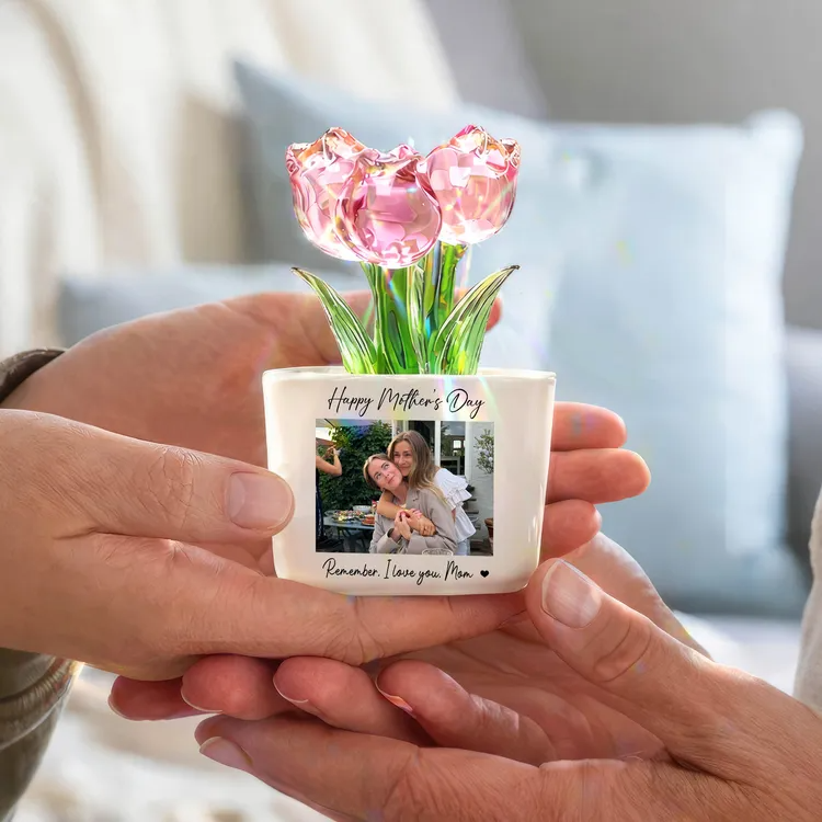 Personalized Photo Glass Tulip Potted Plant - Custom Flower Pot with Picture, Photo Gift for Mom, Mother’s Day Gift, Birthday Gift for Mom - Personalized Photo Glass Tulip